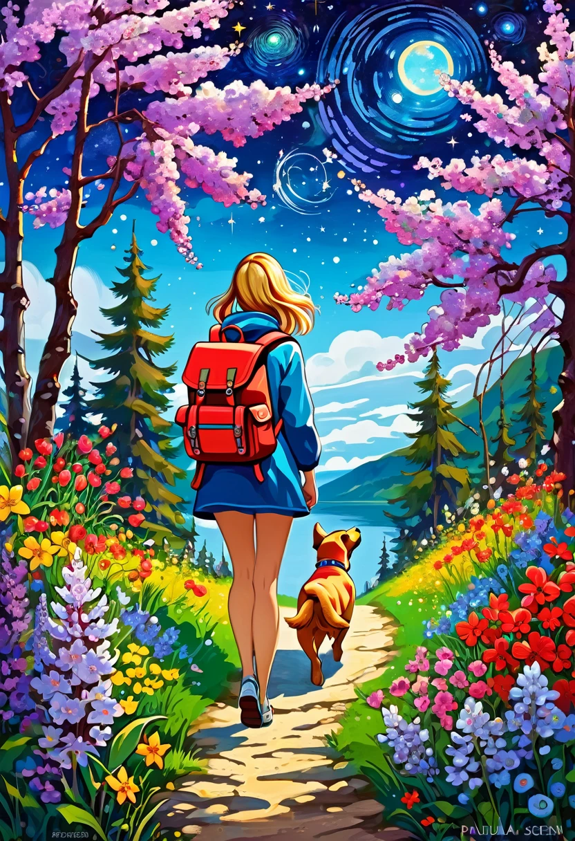 ((view from the back)): A very charming young woman with a backpack and a cute puppy enjoys a beautiful spring walk surrounded by beautiful flowers and nature, Russian khohloma, dream under the summer starry sky, Russian paraphernalia, from the shoulder, Very colorful, Best Improvisation, ((Paula-Scher style!)), ((perfect full body detail)), magic naive art, primitivism, protogen, crimson/liliac, ((best quality, Masterpiece)), ((Highest detail)), RAW:1,1, 8k