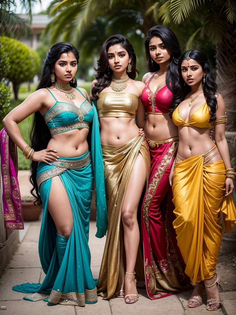 Three extremely different beautiful gorgeous Tamil girls, 20 year old, outdoors, different bold sassy poses for magazine, (very very long hair), different expensive designer clothes, expensive ornaments, round deep navel, HDR, hyper realistic, intricate detailing