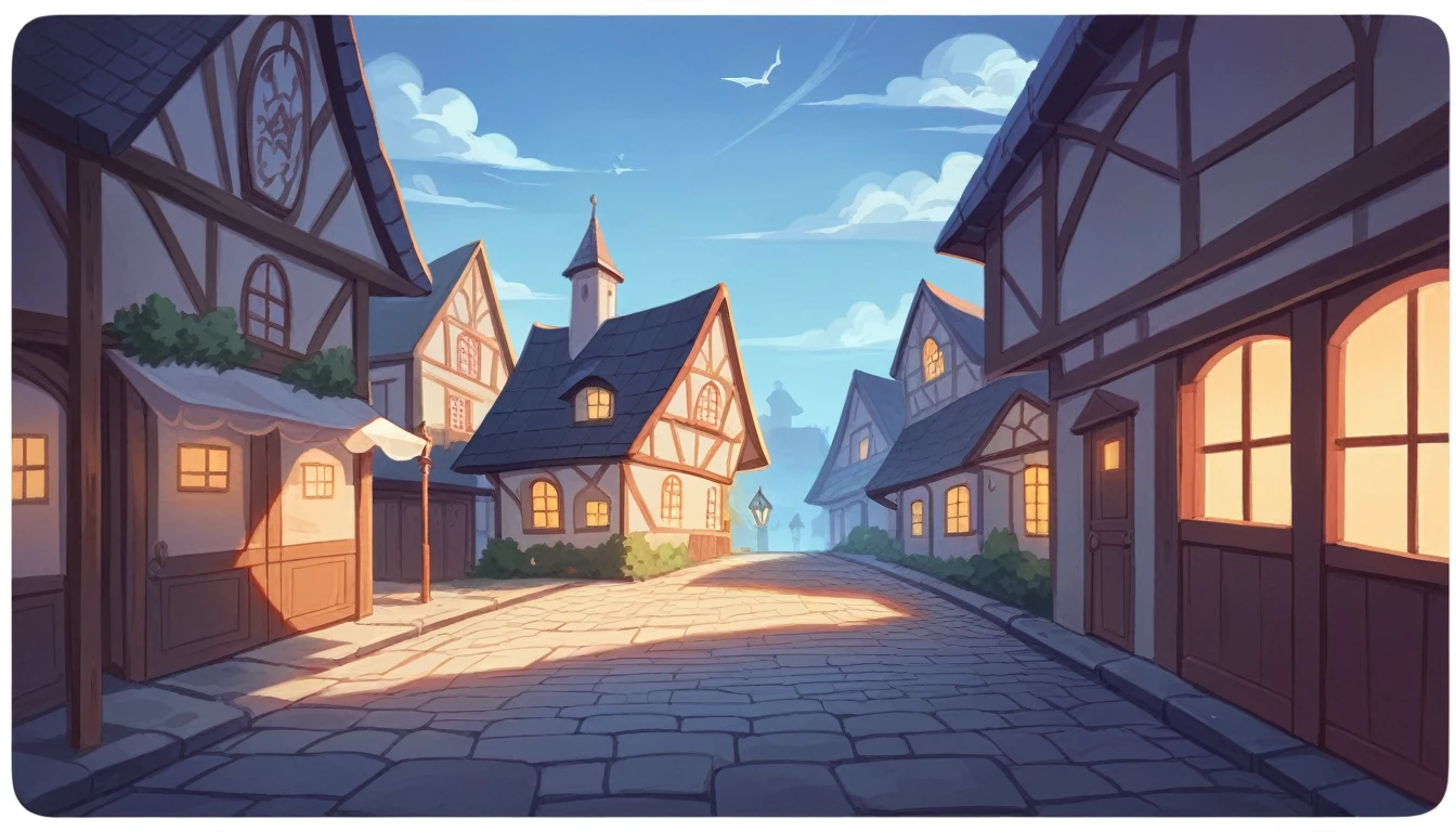 Create a digital artwork of a narrow, dimly lit street in a quiet village at night. The scene should capture a serene yet slightly eerie atmosphere, with old-fashioned street lamps casting soft light on cobblestone paths and quaint houses. Shadows and subtle details should enhance the sense of stillness and tranquility in the village