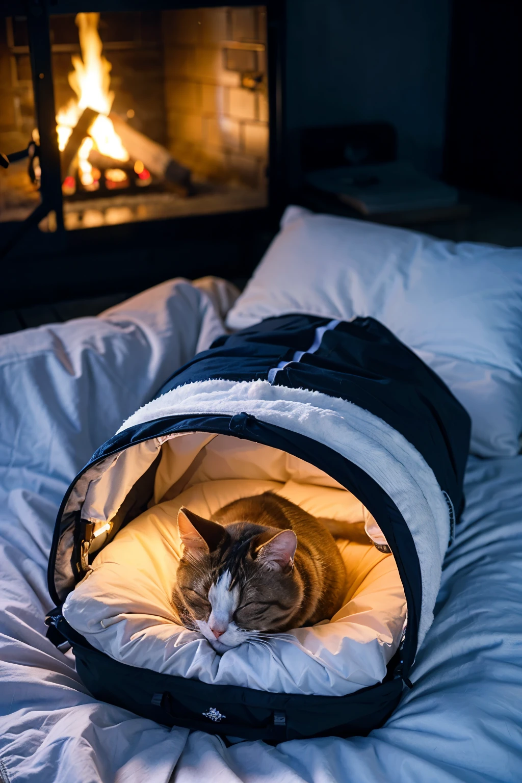 A beautiful and adorable cat falls into a deep sleep by the campfire under the pristine winter night sky filled with stars.