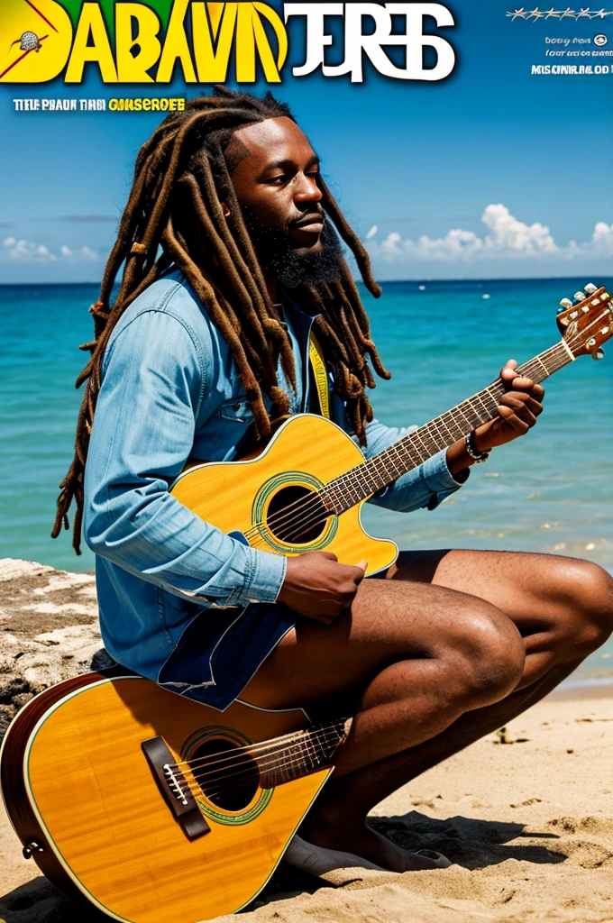 jamaican reggae dJ with dreads sitting on the shore playing guitar jamaican reggae dJ with dreads playing an acoustic guitar in front of the ocean the rap album cover is a picture of the guy with dreadlocks playing the guitar
