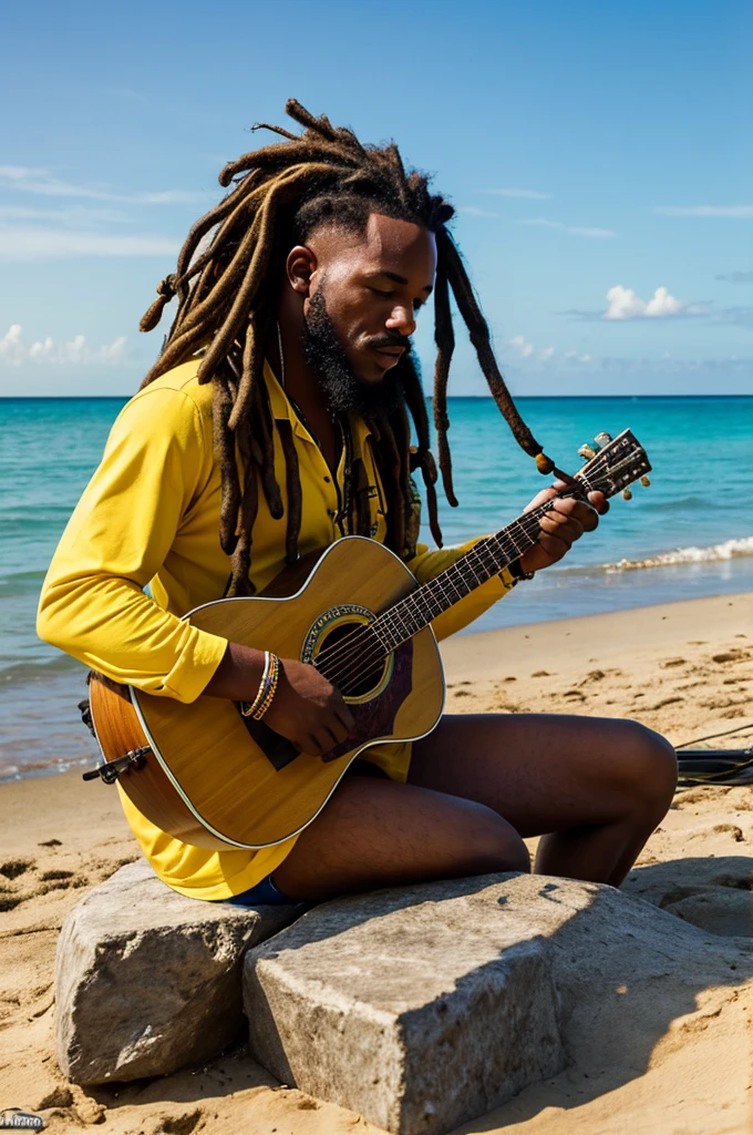 jamaican reggae dJ with dreads sitting on the shore playing guitar jamaican reggae dJ with dreads playing an acoustic guitar in front of the ocean the rap album cover is a picture of the guy with dreadlocks playing the guitar
