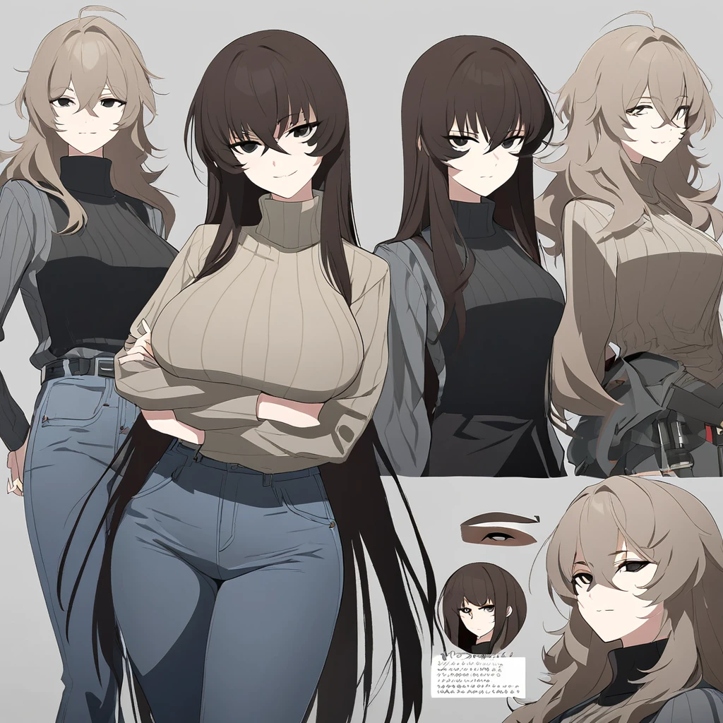 One Woman,Downer,older sister,Concept Art,Dark brown hair,Straight hair with slight inward curls,Staring eyes,Eye Ridge,black eye,Crossed bangs,whole body,smile,Larger breasts,Gray background,Bangs that reach down to the eyes,Messy hair,Perfect dark jeans,Light brown turtleneck sweater,Multiple views of the same character,Character Design,Dark circles under the eyes,Bad look,Listless,Sloppy,accessories,Arknights Wind,Cafe staff,Holding a cigarette,whole bodyCharacter Design,