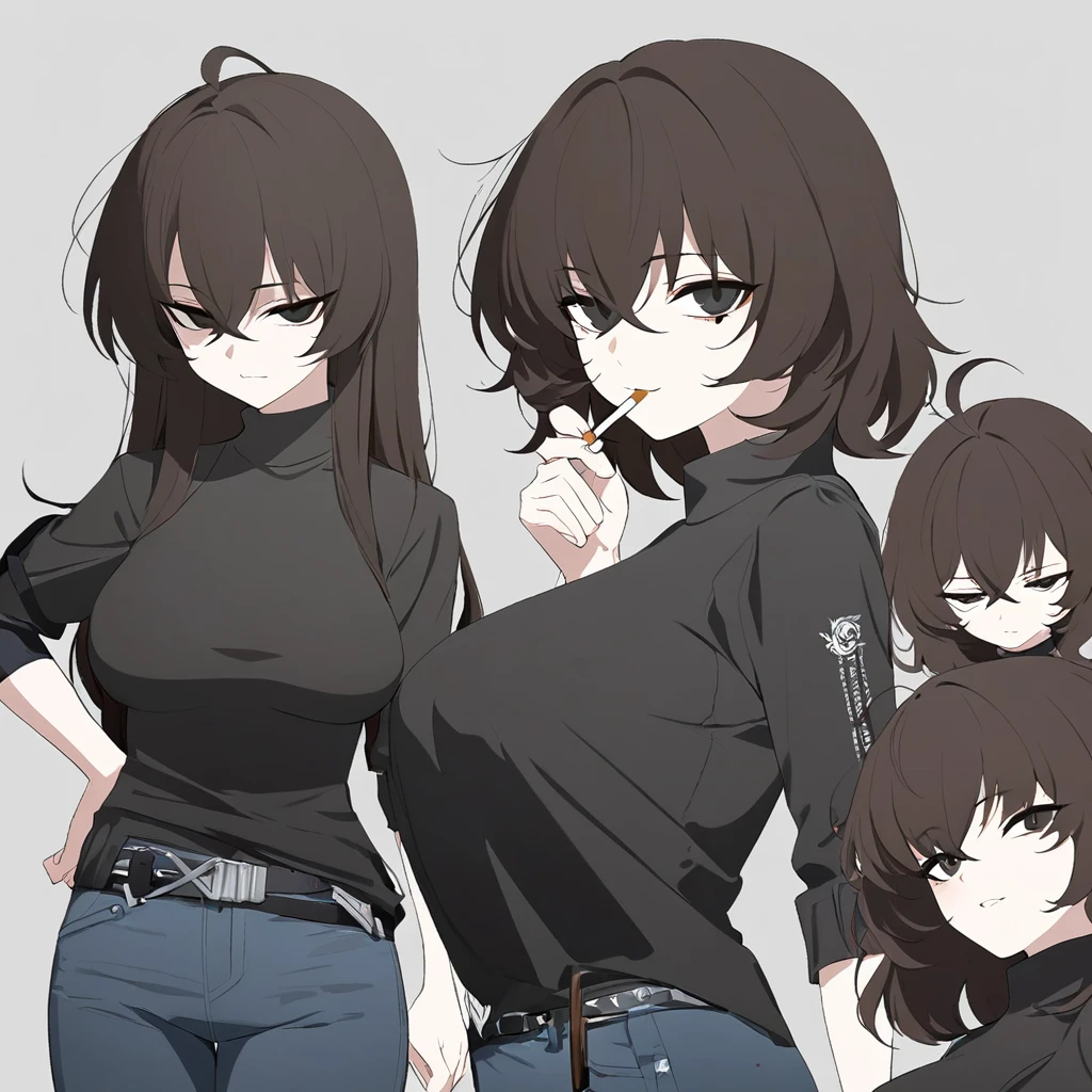 One Woman,Downer,older sister,Concept Art,Dark brown hair,Straight hair with slight inward curls,Staring eyes,Eye Ridge,black eye,Crossed bangs,whole body,smile,Larger breasts,Gray background,Bangs that reach down to the eyes,Messy hair,Perfect dark jeans,Light brown turtleneck sweater,Multiple views of the same character,Character Design,Dark circles under the eyes,Bad look,Listless,Sloppy,accessories,Arknights Wind,Cafe staff,Holding a cigarette,whole bodyCharacter Design,