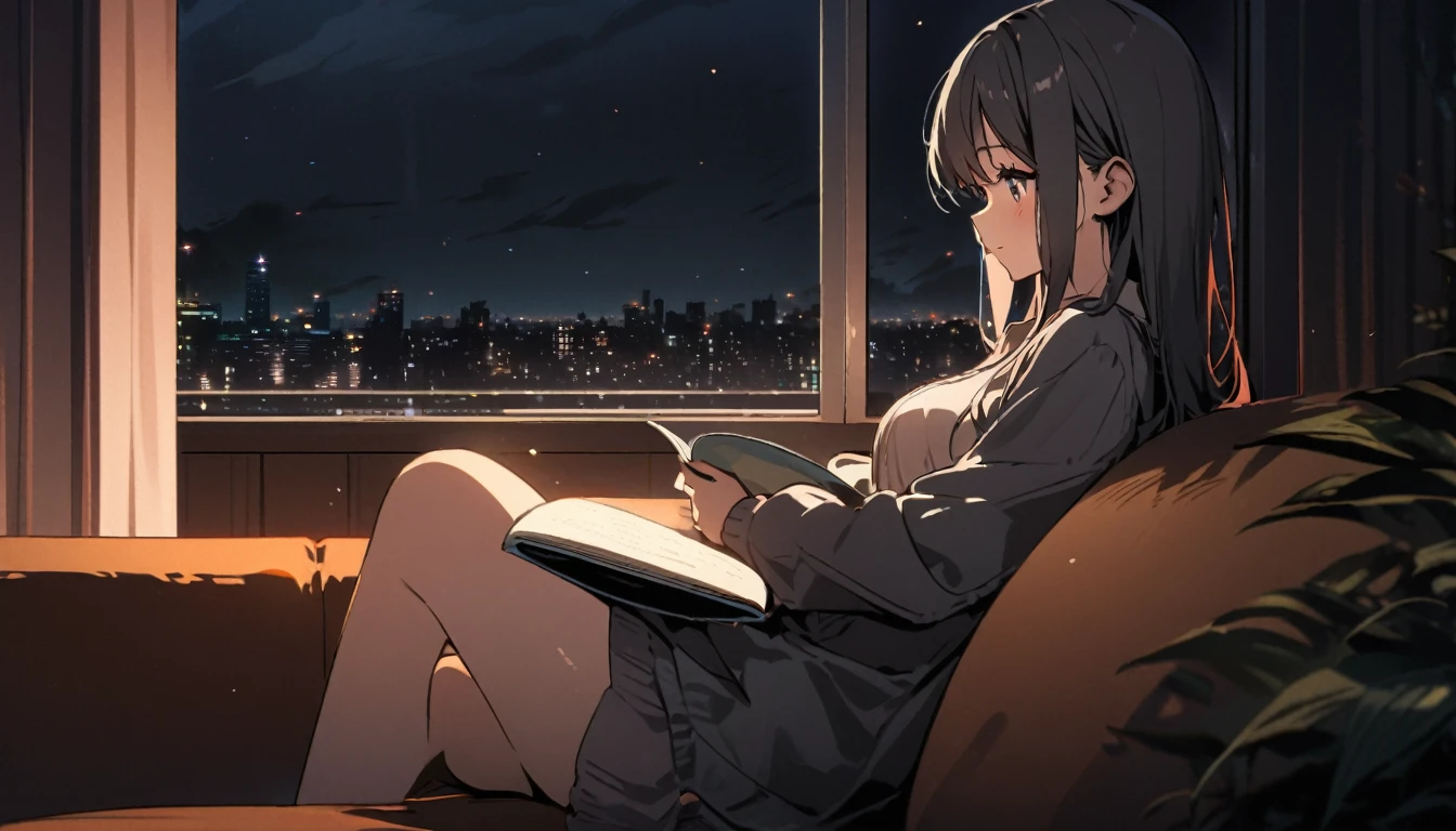Girl sitting on sofa reading a book,In front of a large window,Night view,Streetscape