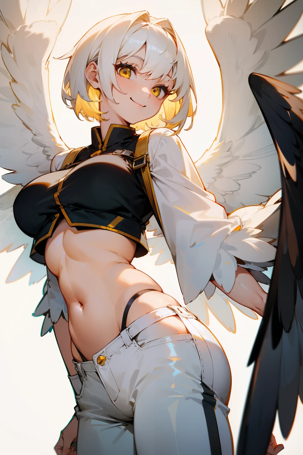 Girl, short white hair, hawk eyes, short white pants, exposed belly, white wings, yellow eyes, big breasts, smile