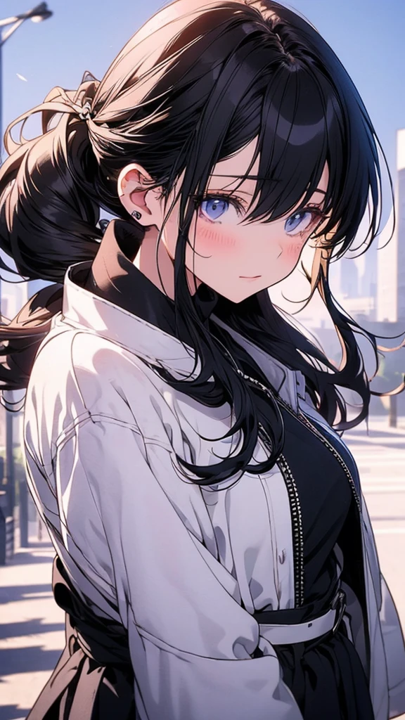 With anime style illustrations A teenage girl stood with her back turned, looking forward, seeing her back, not her face. The ground around her was a city, her eyes were blue, her hair was tied back brown, she was wearing a black suit, she was in good shape.