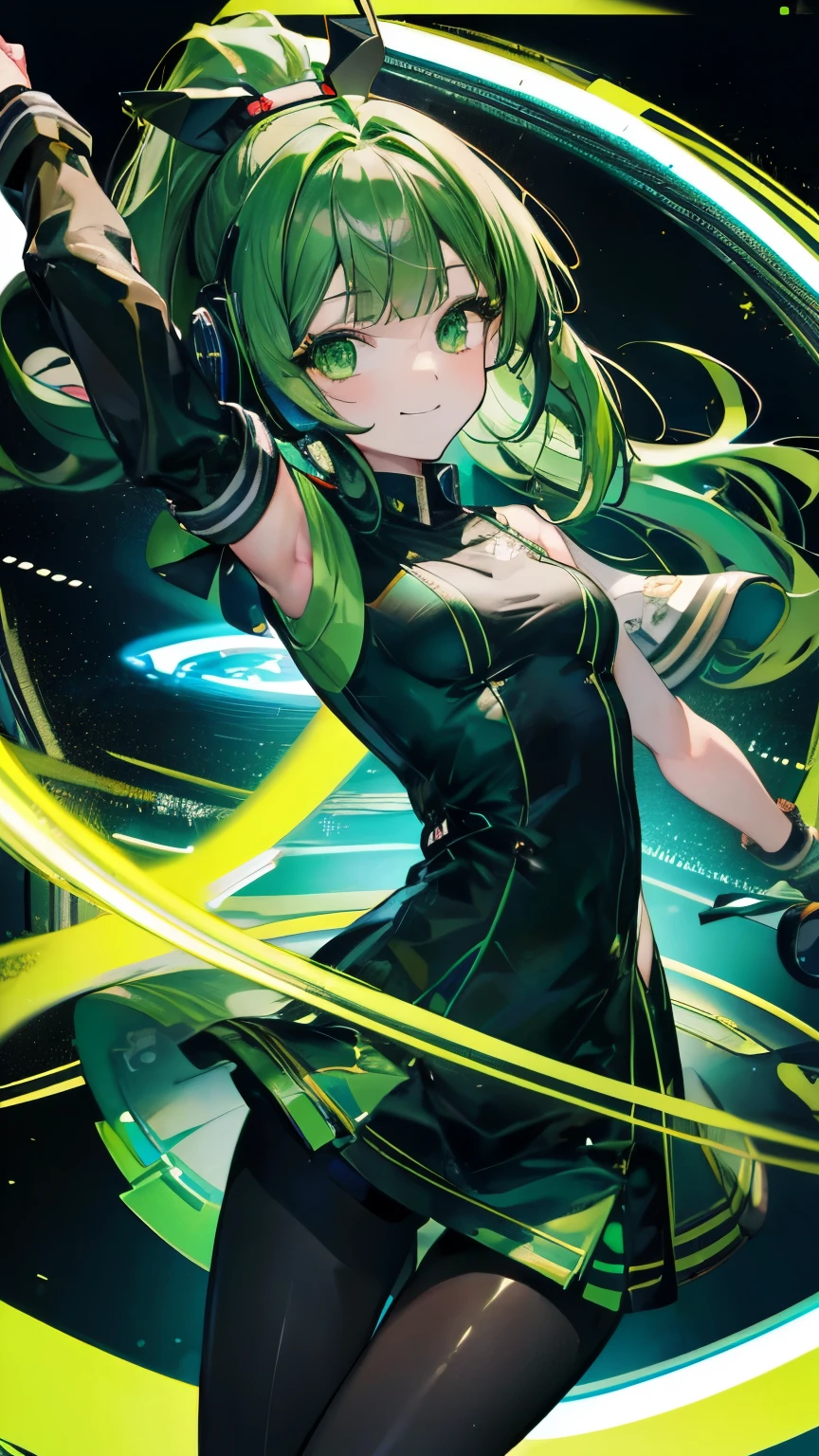 DJ,ponytail,1 person,club house,Turntable,Mirror ball,smile,headphone,Raise one arm,high school girl,Green Hair,No sleeve,Black Pantyhose,front,Near future,highest quality,High resolution,Close-up,Droopy eyes,Green Eyes,uniform,Straight bangs,Black and green outfit