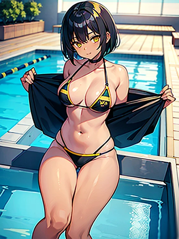 masterpiece, best quality, dark skin, short hair, yellow eyes, black hair, brazil bikini, beautiful girl, thin, full body, plan chest, short chest, big butt, wide thigh, school pool background