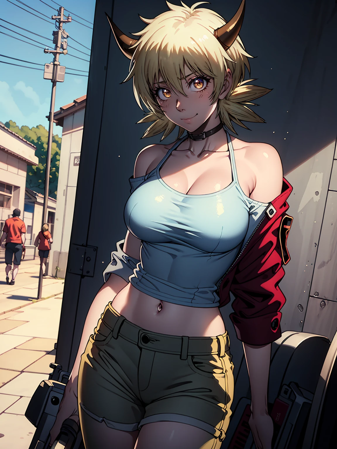Masterpiece, Highly detailed, Best Quality, extra high resolution, 1girl, Horns, hairlong, looking a viewer, Average Breasts,, En plein air, power (chainsaw man), Day, blusher, Smile, blue jacket, pants, horns demon, Yellow eyes, cross-shaped pupils, Shirt, Hair between the eyes, Black pants, (off-the-shoulder:1.3), (partially_unbuttoned:1.2), White shirt Ultra transparent, Chainsaw Man Energy, Two red sharp horns on the head, ultra sharp image, Ultra Beautiful, little chest. hairlong, blonde woman, Beautiful figure, taut clothes, T-shirt with the image of a cat, jean shorts, Shoes, bright yellow eyes, Red crosses and circles instead of pupils, handsome body, sexy clothes, Beautiful eyes, very detailed eyes, Very detailed face, handsome body, Cherecter Desing, Very detailed, Detailed body, Detailed hands, Detailed, Vibrants, Detailed Face, sharp-focus, WLOP, artgerm, anime art, Vibrants, Detailed Face, Hugh Details, sharp-focus, Very drooping face, A detailed eye, super fine illustration, better shadow, finely detail, Beautiful detail