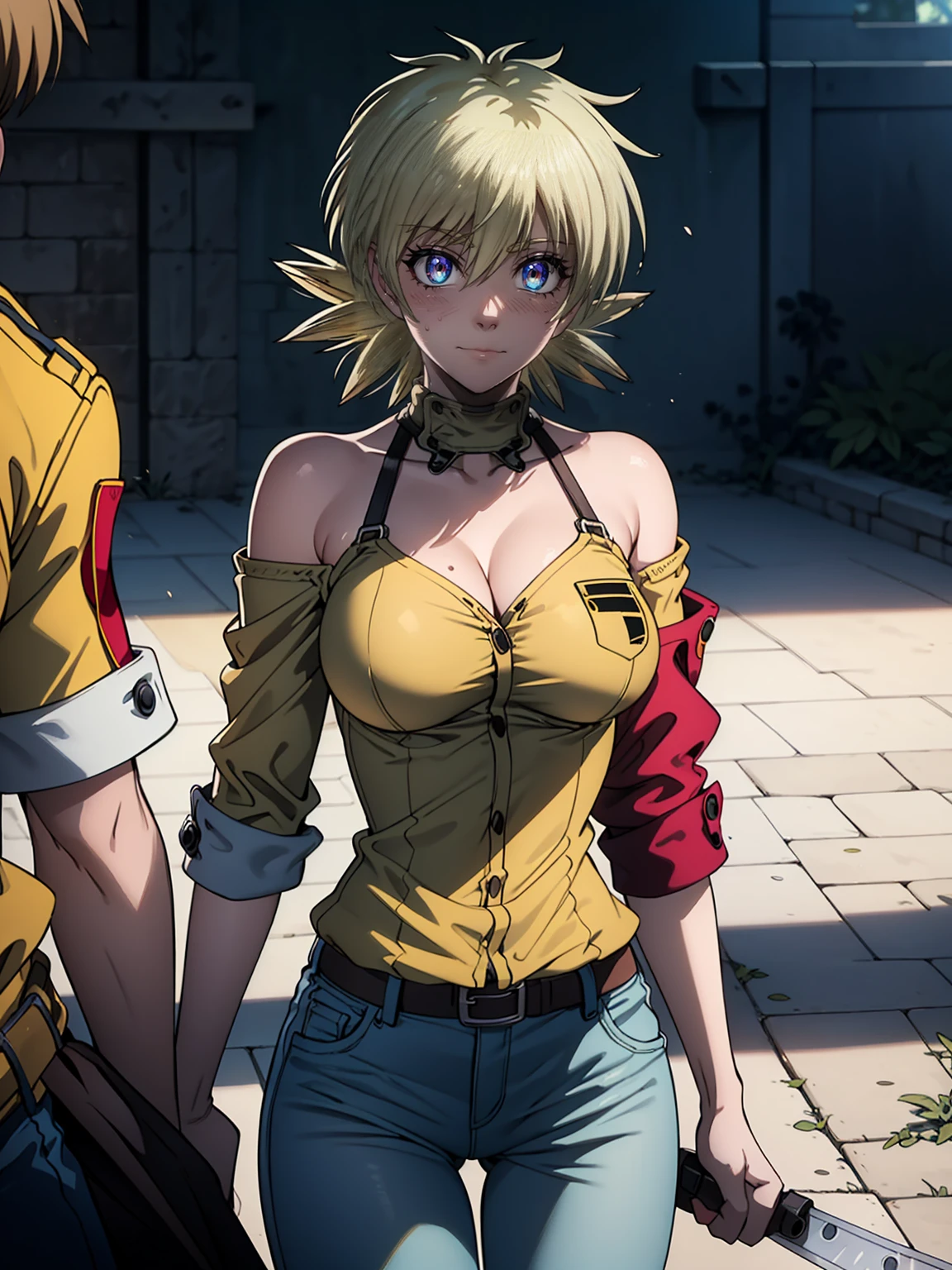 Masterpiece, Highly detailed, Best Quality, extra high resolution, 1girl, Horns, hairlong, looking a viewer, Average Breasts,, En plein air, power (chainsaw man), Day,  blusher, Smile, blue jacket, pants, horns demon, Yellow eyes, cross-shaped pupils, Shirt, Hair between the eyes, Black pants, (off-the-shoulder:1.3), (partially_unbuttoned:1.2), White shirt Ultra transparent, Chainsaw Man Energy, Two red sharp horns on the head, ultra sharp image, Ultra Beautiful, little chest. hairlong, blonde woman, Beautiful figure, taut clothes, T-shirt with the image of a cat, jean shorts, Shoes, bright yellow eyes, Red crosses and circles instead of pupils, handsome body, sexy clothes, Beautiful eyes, very detailed eyes, Very detailed face, handsome body, Cherecter Desing, Very detailed, Detailed body, Detailed hands, Detailed, Vibrants, Detailed Face, sharp-focus, WLOP, artgerm, anime art, Vibrants, Detailed Face, Hugh Details, sharp-focus, Very drooping face, A detailed eye, super fine illustration, better shadow, finely detail, Beautiful detail