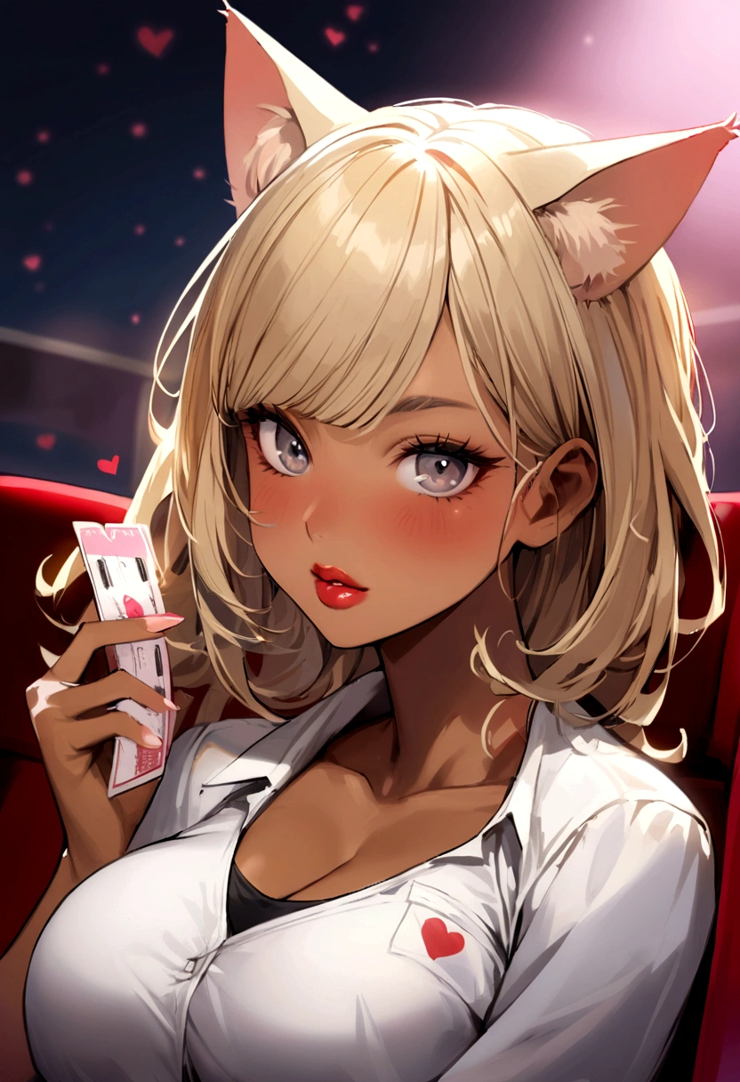 1WOMAN, Solo, tan skin, One pretty black woman with light, tan skin. Large breasts. Blonde hair with pale blonde cat ears. Sexy, grey eyes with hearts in them. Pale Blonde hair with bangs, while in a movie theater work outfit. She has big pink, juicy, lips. Her hair is flowing behind her. The background is pink. Holding movie tickets