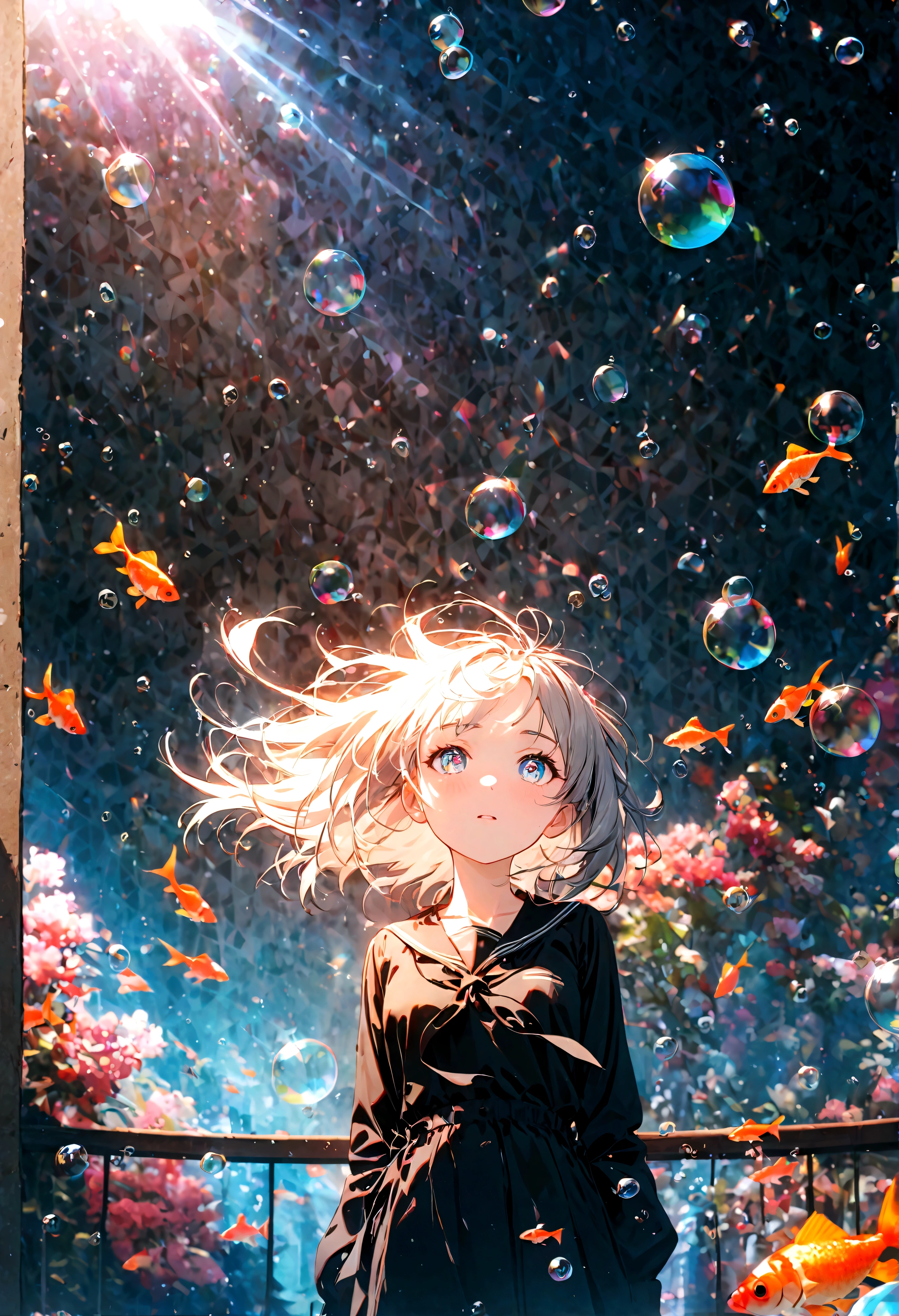 (woman\(student, 15 years old, ＪＫ, short hair, Silver Hair, Floating Hair, Space-colored eyes, Black sailor suit\(Of high school\), Pale skin, Tired face, No shine in the eyes\) Looking up at the sky), (Many goldfish are swimming in the air), Beautiful sky, Beautiful Clouds, Colorful summer flowers are blooming everywhere., (Transparent bubbles shine like prisms here and there in the sky), The midday moon and the midday star shine in the sky, woman is at messy downtown, break ,quality\(8k,非常に精細なCGユニットのwallpaper, masterpiece,High resolution,top-quality,top-quality real texture skin,Surreal,Increase the resolution,RAW Photos,最高quality,Very detailed,wallpaper,Cinema Lighting,Ray-tracing,Golden Ratio\),(Long Shot),Wide Shot,