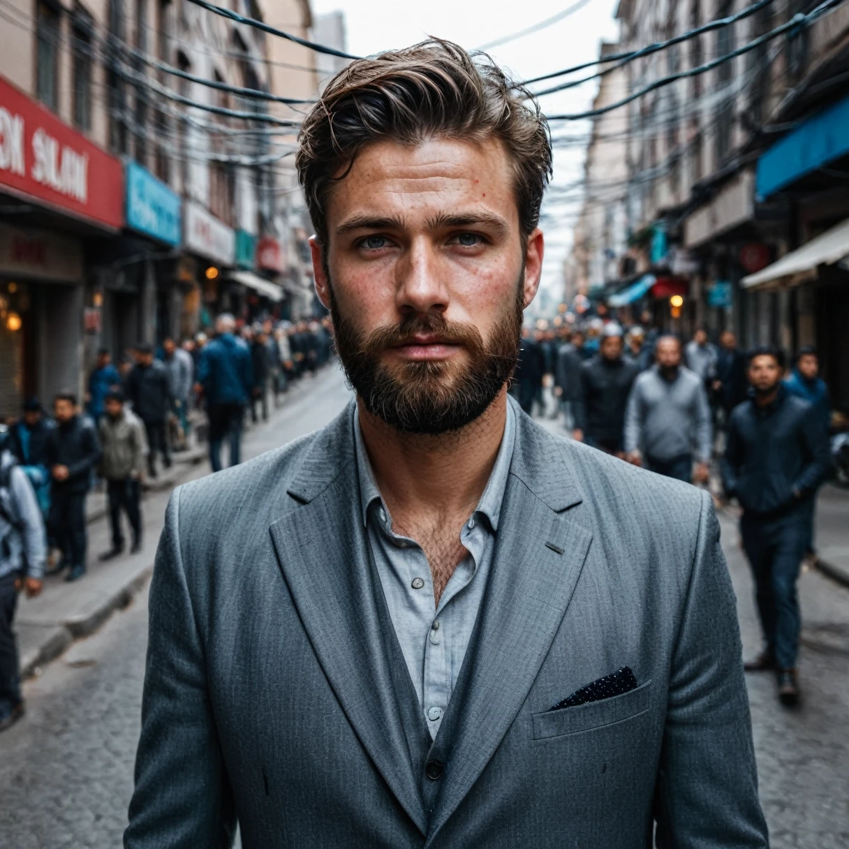 RAW photo, full body portrait of a beautiful man with a beard in a grey suite, he stands in a crowded street with tangled power cables, full sharp, detailed face, blue eyes, (high detailed skin:1.2), 8k uhd, dslr, soft lighting, high quality, film grain, Fujifilm XT3 dappled light on face, pale skin, skin pores, oiled shiny skin, skin blemish, imperfect skin, intricate skin details, visible skin detail, detailed skin texture, blush, wrinkles, vitiligo spots, moles, whiteheads, blackhead, white pimples, red pimples, beauty spot, skin fuzz, [[[[[freckles]]]]] (perfect eyes), ((perfect hands with four fingers and one thumb each))