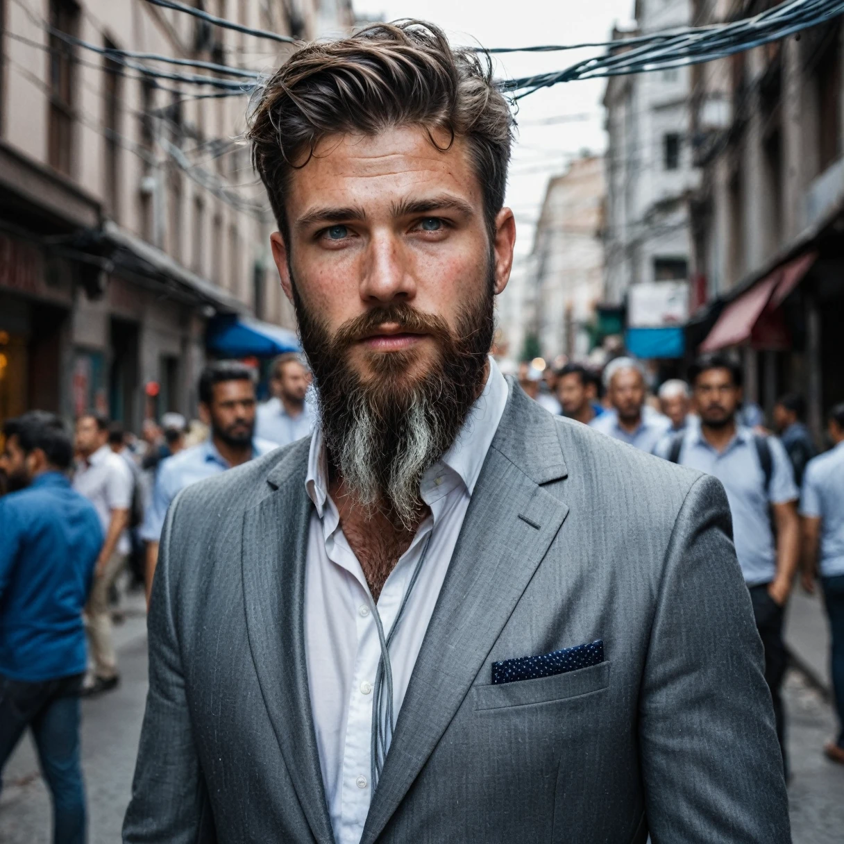 RAW photo, full body portrait of a beautiful man with a beard in a grey suite, he stands in a crowded street with tangled power cables, full sharp, detailed face, blue eyes, (high detailed skin:1.2), 8k uhd, dslr, soft lighting, high quality, film grain, Fujifilm XT3 dappled light on face, pale skin, skin pores, oiled shiny skin, skin blemish, imperfect skin, intricate skin details, visible skin detail, detailed skin texture, blush, wrinkles, vitiligo spots, moles, whiteheads, blackhead, white pimples, red pimples, beauty spot, skin fuzz, [[[[[freckles]]]]] (perfect eyes), ((perfect hands with four fingers and one thumb each))