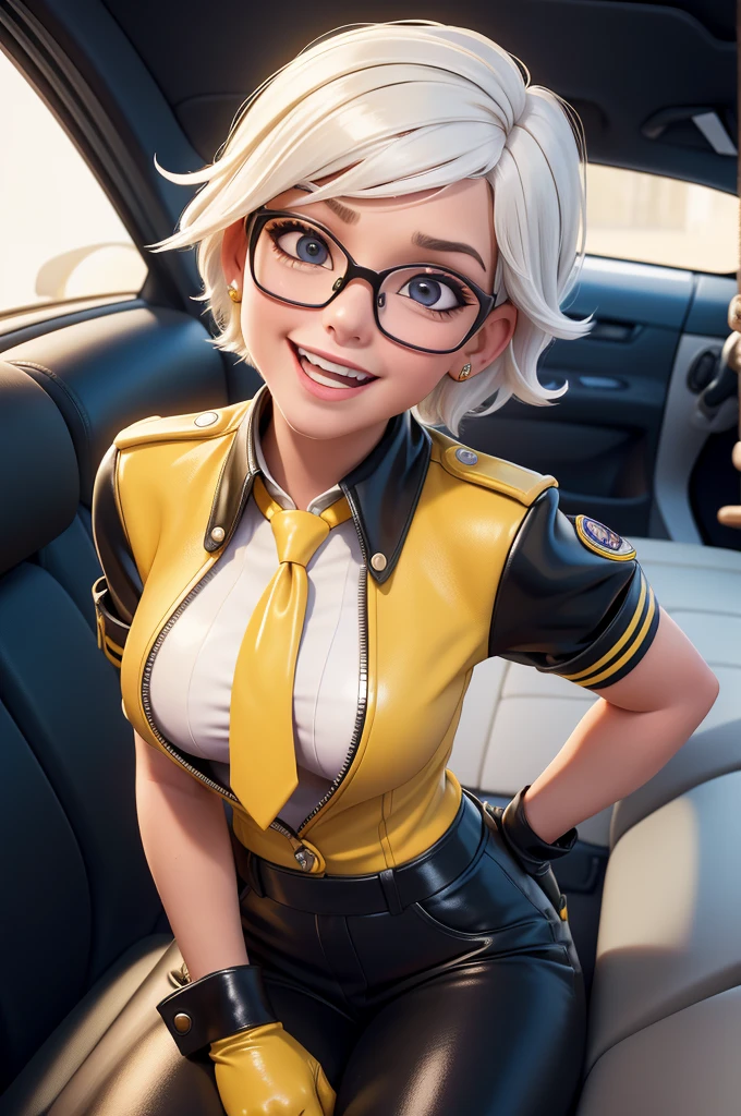 obra prima, melhor qualidade, (lauren boebert 70yo) big side smile, open mouth, licking lips, short bleach white punk hair, black plastic glasses, pilot outfit, business blouse, necktie, (shiny mustard yellow leather,) studs zippers, shiny leather gloves, body is skinny, laying back in car seat, arched back, arm between legs, overhead camera view, looking down at me, shallow depth of field, highres, HD, 8k, anatomically correct