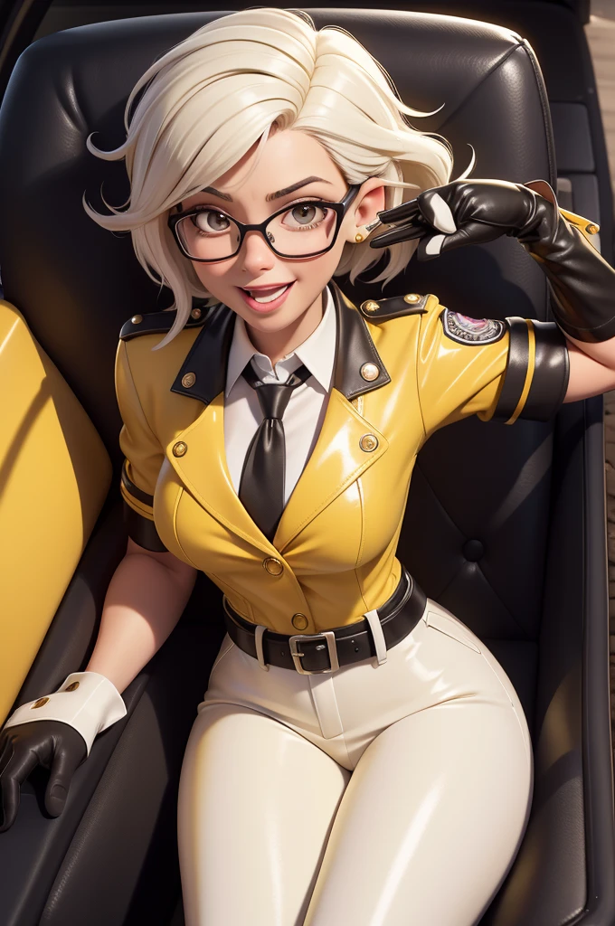 obra prima, melhor qualidade, (lauren boebert 70yo) big side smile, open mouth, licking lips, short bleach white punk hair, black plastic glasses, pilot outfit, business blouse, necktie, (shiny mustard yellow leather,) studs zippers, shiny leather gloves, body is skinny, laying back in car seat, arched back, arm between legs, overhead camera view, looking down at me, shallow depth of field, highres, HD, 8k, anatomically correct