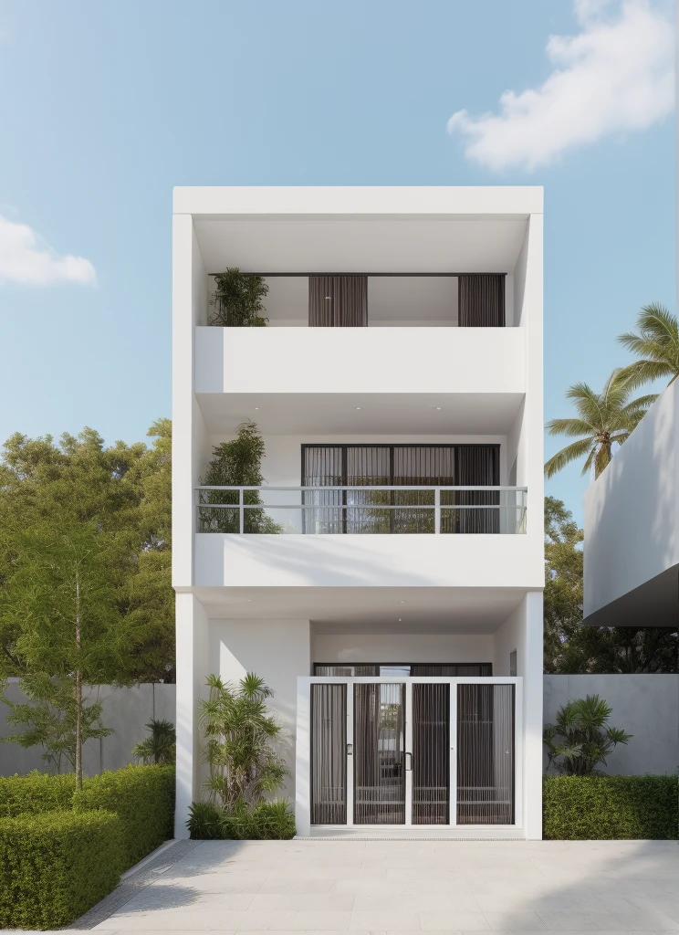 RAW photo,Masterpiece, high quality, best quality, authentic, super detail, exterior, townhouse, modern style, (lines:1.2),(white wall:1.1), (high detailed :1.2), 8k uhd, dslr, day lighting, high quality, film grain, Fujifilm XT3,gate , door , glass window
