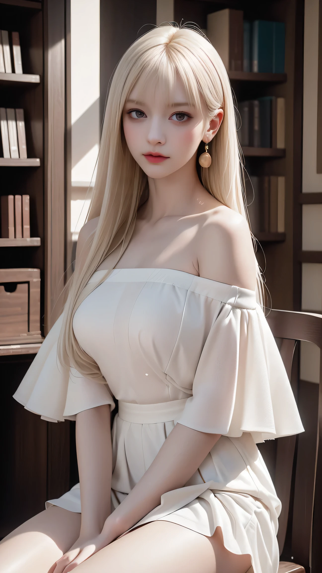 ((Girl sitting on chair in library))、(Back view)、(Looking back)、Highest quality works、Actual work、Ultra Premium Graphics、8K HD CG Works、High Quality Graphics、High-definition CG works、10x pixels、Extremely fine detail:1.1、Advanced Technical Details:1.1 Photo Realistic、Indoor lighting effects:1.5、Natural light:1.5。Light effects(Virtual Light Effects:1.8)、(((Straight Van、Princess Van))、(((Very Heavy、Volume Bangs:1.1))、((Very Long、Very Heavy、Very Volume Side Lock:1. 1))、Hime cut、Straight bangs、Round face ugly bangs、Ugly Long Bangs、Bangs straight、(masterpiece、Highest quality:1. 5)、(Ultra-fine 8K CG:1.4)、(Hyperreal:1.25)、(Real:1.4)、((Golden White Hair))、Thin eyebrows、High nose、Nice red lips、Rose Cheeks、A face with subtle makeup、Cute Face、Perfectly balanced face、()、A light-toned foundation enhances the clarity of your skin.、、((Off-the-shoulder white dress mini skirt))。40k、photograph、Tabletop、highest quality、Rain Background、((1 Beautiful Eyes Light Haired Girl、 White skin、Mr.々A pose。((Medium size breasts、:1.1))、highest quality、Tabletop、Ultra-high resolution、(Realistic:1.4)、RAWphotograph、(Perfect figure)、(slim:1.3)、Slim abdomen、Perfect slim figure、Dynamic Pose、alone、Cold light 12000K、Highly detailed face and skin texture、Detailed、Realistic eyes、BeautifulDetailed、(Real skin)、charm、Ultra-high resolution、Surreal、Very detailed、