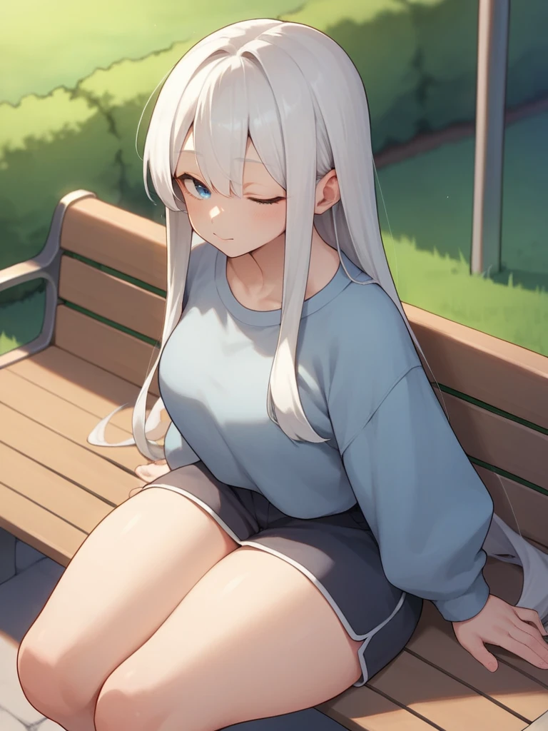Score_9, score_8_up, score_7_up, source_anime, 1girl, solo, pale, long white hair, blue eyes, cute face, big tits , thick thighs, eyes closed, big tits, long hair, park, sitting on a bench
