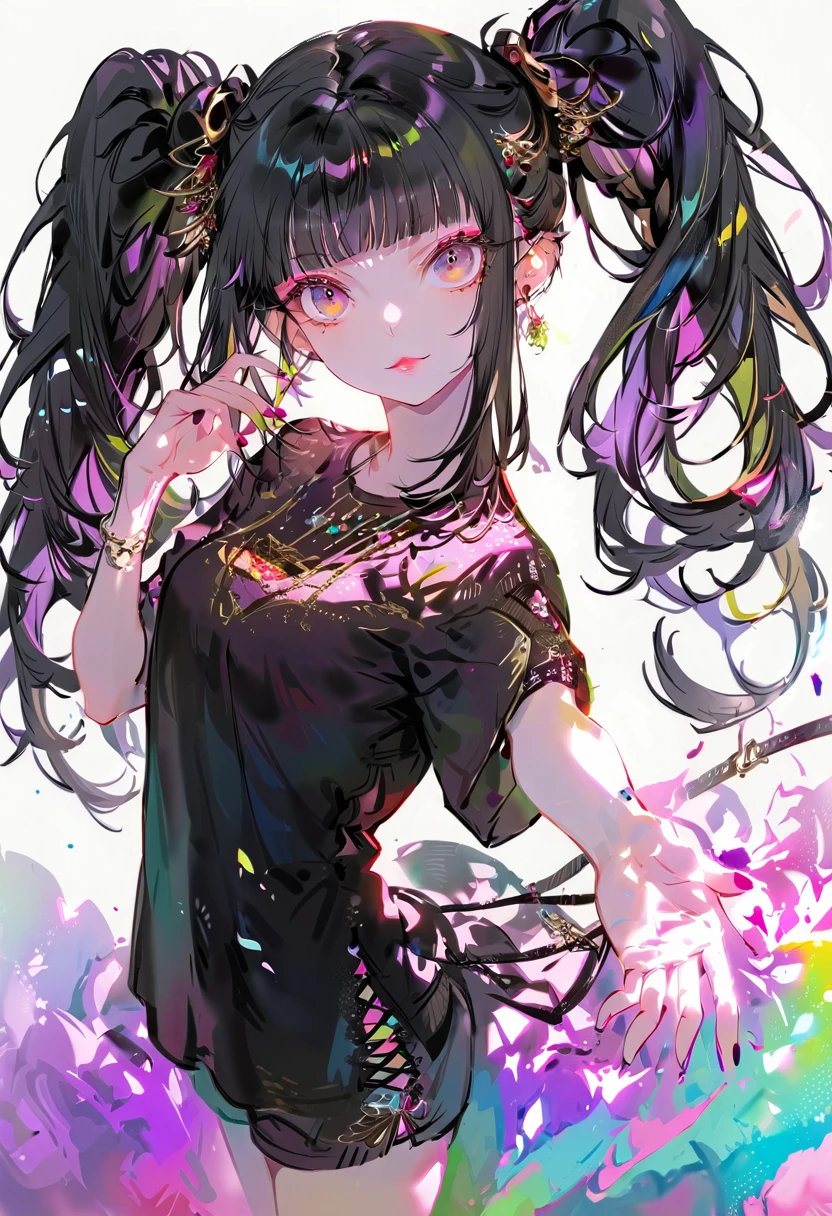 (highest quality,Super detailed,High resolution:1.2),Beautiful girl with a perfect face,very_Long eyelashes, Detailed lips, A radiant smile, Soft Skin, Shiny Hair,Vibrant Background,Exquisite makeup,Oversized lace T-shirt,Shorts,Long black hair in twin tails,Heavy bangs,Reaching out here