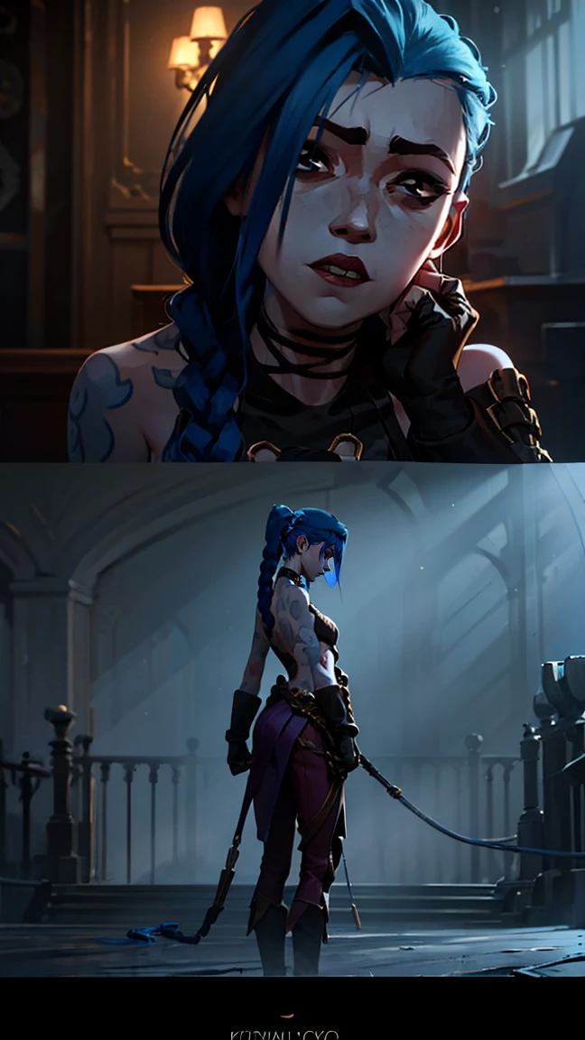 (masterpiece, Best quality), 1 Girl, portrait, very sexy, crazy look, smile, crying, pink tears, tears on the cheeks, tears from eyes, full length (full body 1.1.), очень feminine, fighting stance, battle, fire, explosions, burning city, beautiful waist, gloomy composition, flame, fire, Flash, very beautiful, feminine, long hair, hair braided in long braids, very sexy, tight leather pants, emphasis on the eyes, face accent, Beautiful face, Hands, Hair, Haired ponytail, red purple eyes, Джинкс crying, Blue cloud tattoo, (masterpiece, Best quality), Side lighting, beautiful detailed eyes, crazy face), (Best quality), (masterpiece), magic photography, Spectacular lighting, Photorealism, ultra detailed, интимная portraitная композиция, 1. 4,8K UHD, aesthetic, Cd., a high resolution, 8K, better lighting, Best shade, Ultra-HD, a high resolution, sharp focus, complex background, cinematic lighting, ((Landscape view)), 4K block, (better lighting), ((cinematic lighting)),