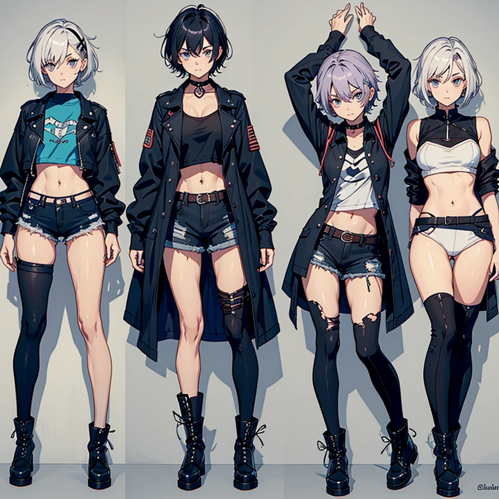 create a character sheet for Eulália Draha, a piscopath with a half-punk, half-cute style, 16 years old, fair skin, short platinum hair and lilac highlights, blue and gray eyes, short-sleeved shirt with the belly showing dark wine, black jacket black leather jacket, teddy bear hair clip, dark denim shorts with a torn teddy bear hanging on the side of the shorts and medium-high boots, (with emphasis on the teddy bear hanging on the shorts' belt)(anime style)(varied positions)(several positions) (full body)(open arms)(body and face side ways)(body and face from the front)(from the head to the boots)character sheet(full body)body and sideways(body and sideways)caracter sheet(full body)(character sheet)(varied positions)(character sheet)varied positions)(character sheet)(full body)character sheet(character sheet) (varied positions)character sheet(varied positions)full body(full body)(body and face sideways)(sideways full body)character sheet(character sheet)(sideways)sideways(character sheet)character sheet(front and sideway)character sheet(character sheet)(front and sideway)character sheet(character sheet)(several positions)(open arms)open arms(open arms)