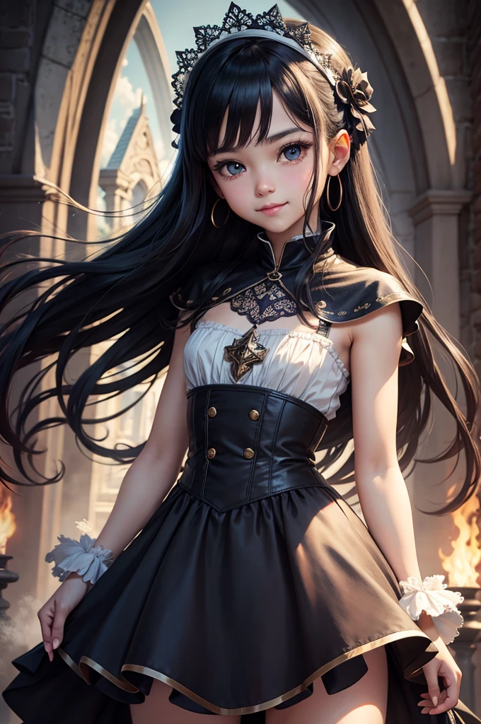 official art, Best Quality, ultra-detailed, high resolution, unity 8k wallpaper, extremely detailed CG, white skin, bitter smile, cute face, , cute girl, Beautiful black hair, beautiful eyes, flat chest, small build, minimum, No muscles, gothic, magical girl, little naughty