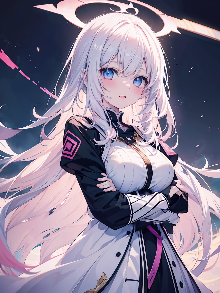 2 anime girl hug each other: 1 with blue eyes and white hair, 1 with pink eyes and pink hair, beautiful anime girls, zerochan art, digital art on pixiv, guweiz on pixiv artstation, nightcore, pixiv, anime girls, trending on artstation pixiv, beautiful anime art style, beautiful anime artwork, (ultradetailed eyes), Dramatic, superfine illustration, Extremely detailed, 1girl in,teenager, (pale skin), long white hair, Ethereal eyes, Blue eyes,blush,Solo,Smile, Happy, Laugh, Enjoy, Open mouth, Pouty lips,Cinematic lighting, Looking at Viewer