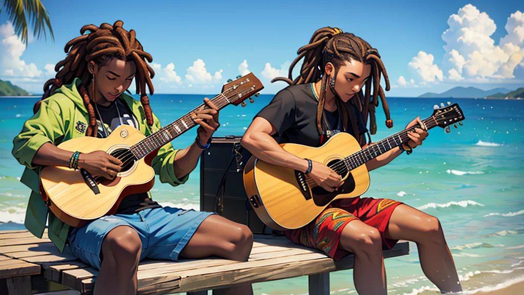 jamaican reggae dJ with dreads sitting on the shore playing guitar jamaican reggae dJ with dreads playing an acoustic guitar in front of the ocean the rap album cover is a picture of the guy with dreadlocks playing the guitar