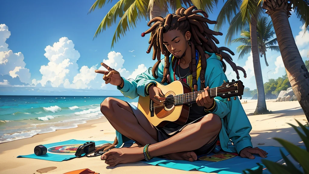 jamaican reggae dJ with dreads sitting on the shore playing guitar jamaican reggae dJ with dreads playing an acoustic guitar in front of the ocean the rap album cover is a picture of the guy with dreadlocks playing the guitar
