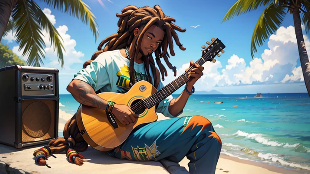 jamaican reggae dJ with dreads sitting on the shore playing guitar jamaican reggae dJ with dreads playing an acoustic guitar in front of the ocean the rap album cover is a picture of the guy with dreadlocks playing the guitar
