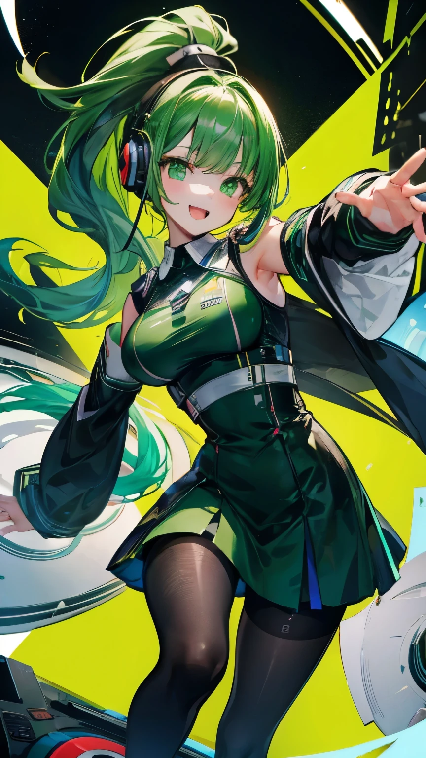 DJ,ponytail,1 person,club house,Turntable,Mirror ball,smile,headphone,high school girl,Green Hair,No sleeve,Black Pantyhose,front,Near future,highest quality,High resolution,Close-up,Droopy eyes,Green Eyes,uniform,Straight bangs,Black and green outfit,Dynamic pose,Big Breasts,Open your mouth a little,Near future