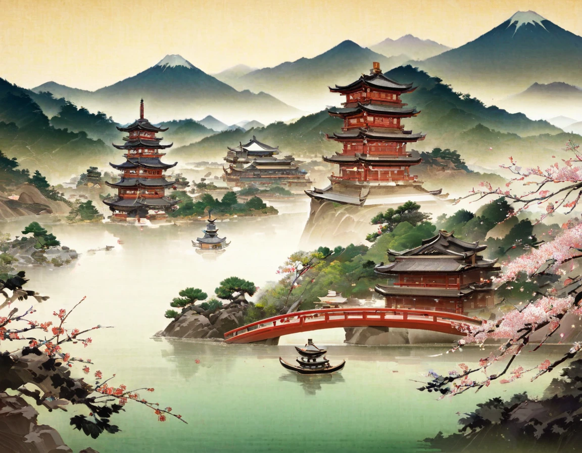 Mountain landscape painting with river and pagoda, Landscape Artwork, Japan艺术风格, 传统Japan画, Japan風景, Injuried, Japanese style painting, Japan传统艺术, Japan木版画风格, Landscape Art Detail, Inspired by Urakami Gyodo, Inspired by Hiroshige, Visually stunning scenes, Japan