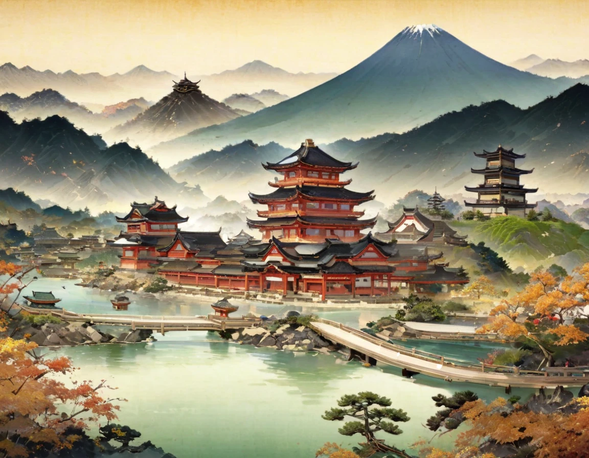 Mountain landscape painting with river and pagoda, Landscape Artwork, Japan艺术风格, 传统Japan画, Japan風景, Injuried, Japanese style painting, Japan传统艺术, Japan木版画风格, Landscape Art Detail, Inspired by Urakami Gyodo, Inspired by Hiroshige, Visually stunning scenes, Japan