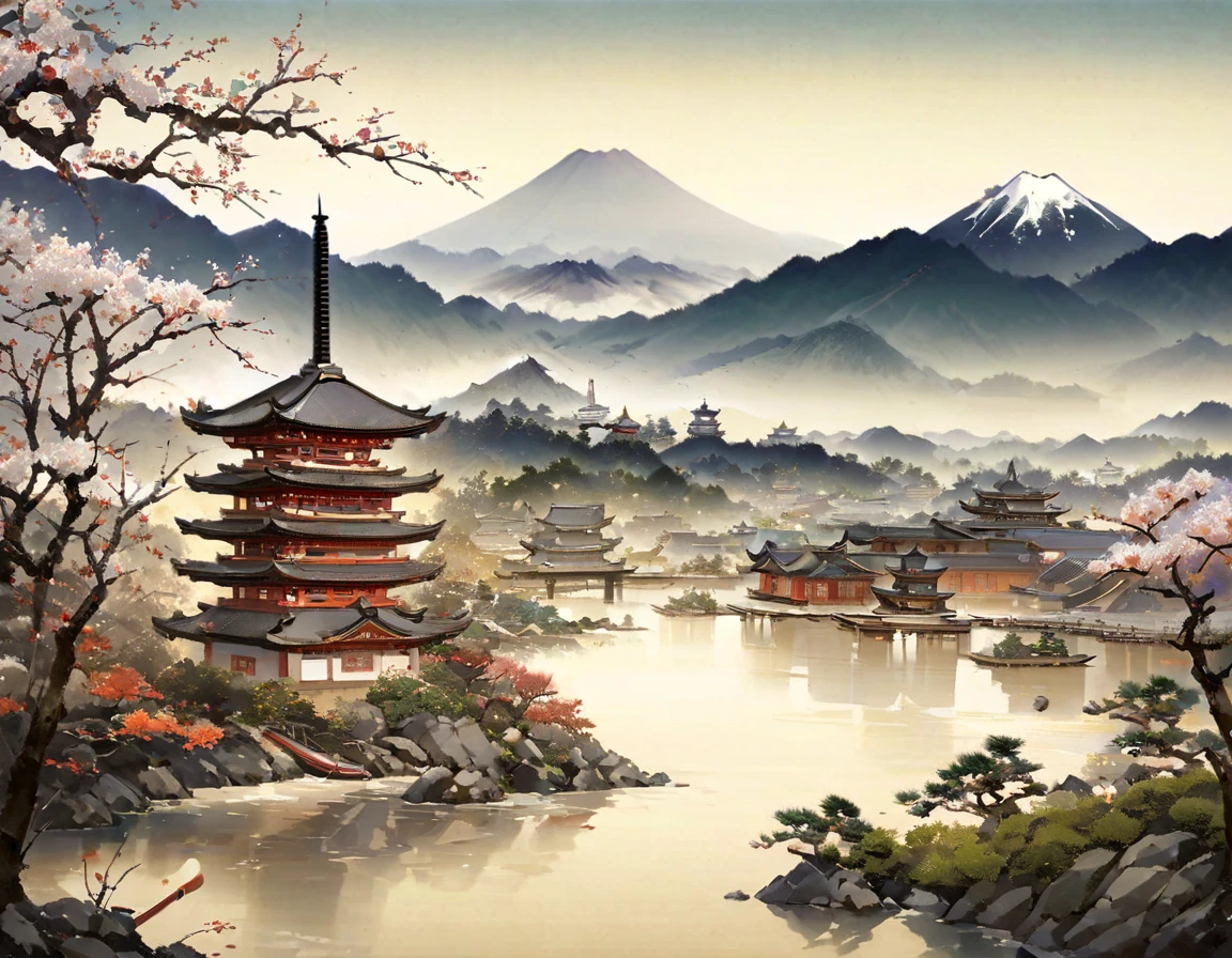 Mountain landscape painting with river and pagoda, Landscape Artwork, Japan艺术风格, 传统Japan画, Japan風景, Injuried, Japanese style painting, Japan传统艺术, Japan木版画风格, Landscape Art Detail, Inspired by Urakami Gyodo, Inspired by Hiroshige, Visually stunning scenes, Japan