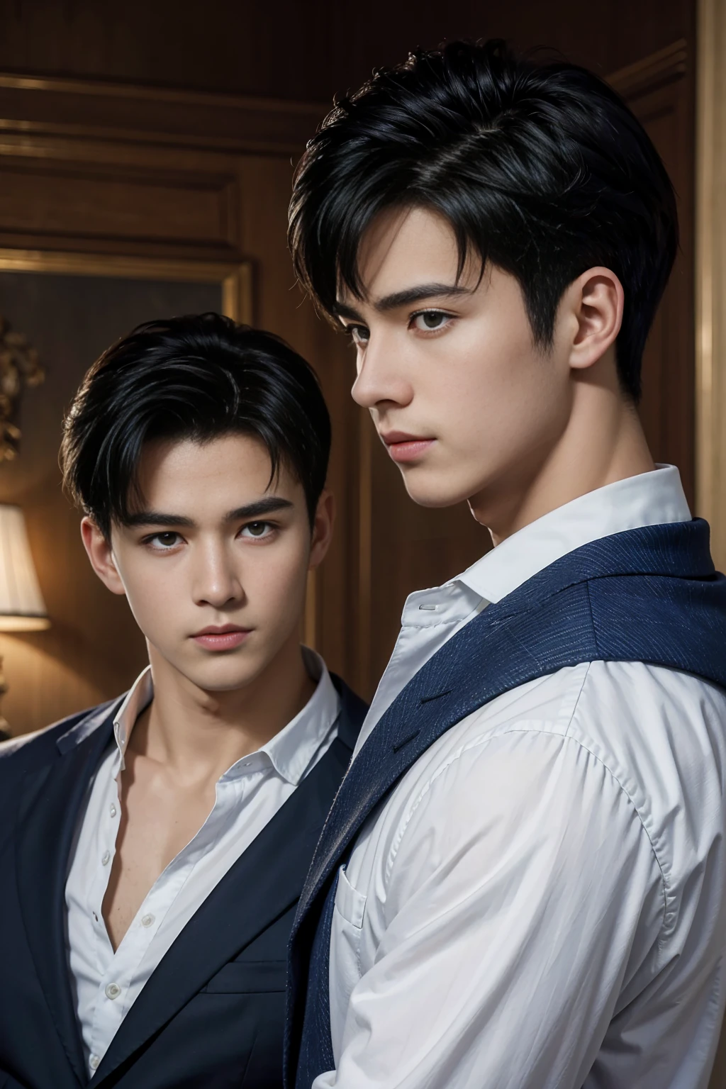((masterpiece)),((best quality)),8K,High Detail,Very detailed, Very manly,2 men, like,fashion pose, Real skin texture, Light,
Royal blue style couple