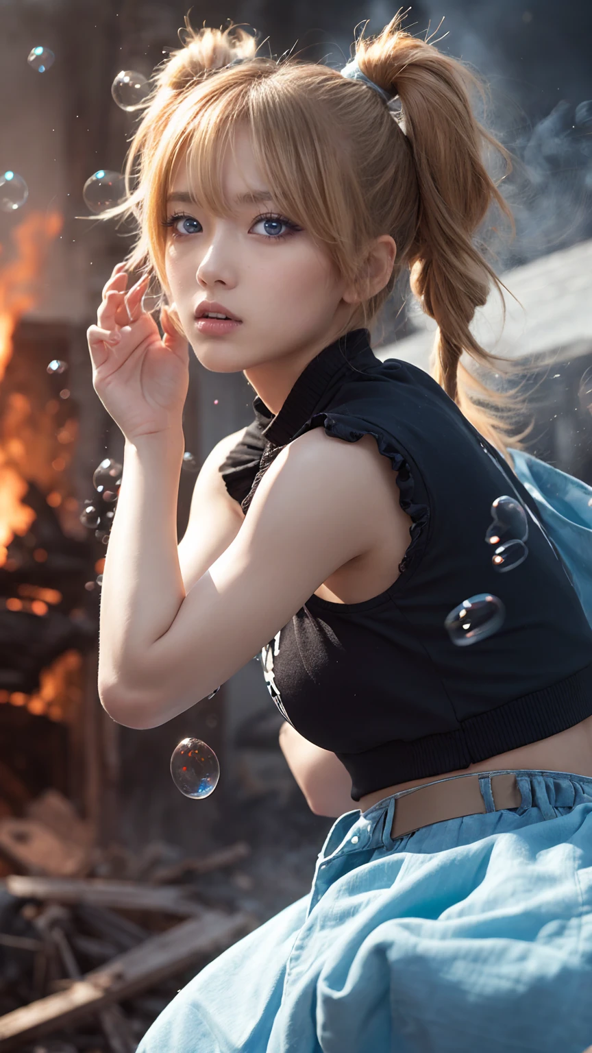 masterpiece, highest quality, bubble, Blue clothes, Blonde twin tails, Pretty face, Highly detailed eyes, Intense expression, Fighting Pose, Destroyed city, A distant fire, Rising Smoke, 