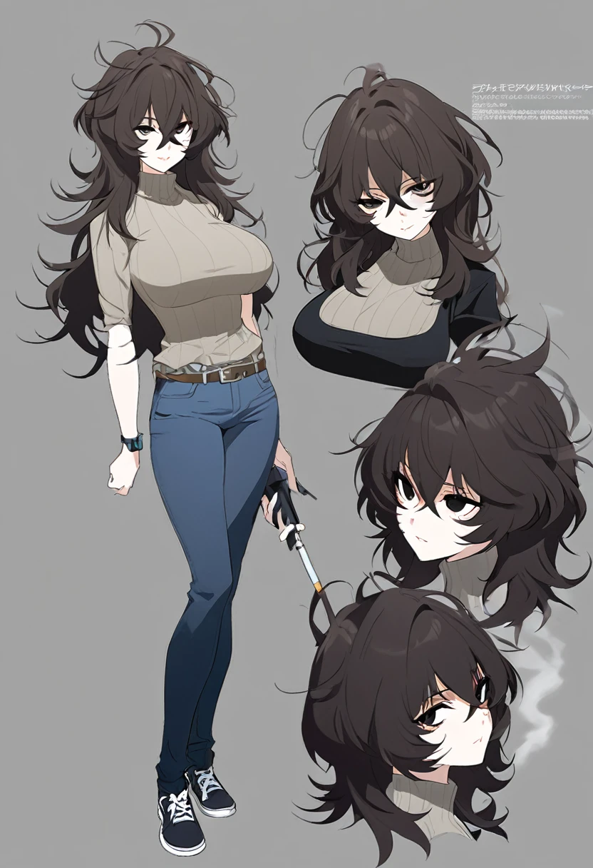 One Woman,Downer,older sister,Concept Art,Dark brown hair,Straight hair with slight inward curls,Staring eyes,Eye Ridge,black eye,Crossed bangs,whole body,smile,Larger breasts,Gray background,Bangs that reach down to the eyes,Messy hair,Perfect dark jeans,Light brown turtleneck sweater,Multiple views of the same character,Character Design,Dark circles under the eyes,Bad look,Listless,Sloppy,accessories,Arknights Wind,Cafe staff,Holding a cigarette,whole bodyCharacter Design,