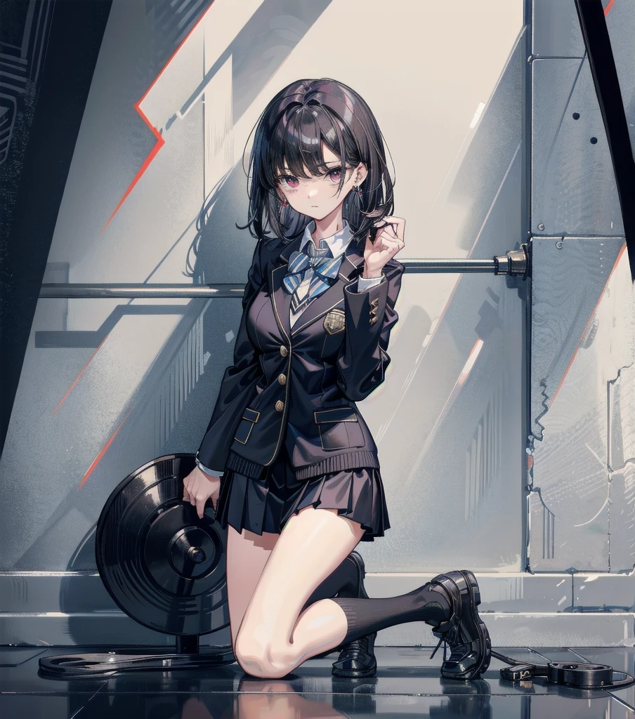 full body, solo, alone, perfect anatomy, correct body, ideal ratio of body proportions, tearful mole, earring, medium hair, black hair, medium tits, school_uniform, blazer, school, gym,