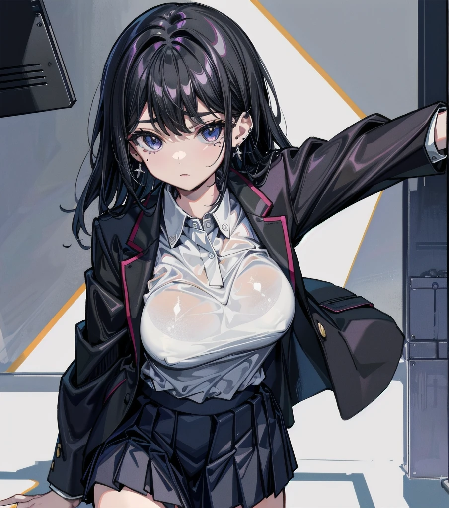 full body, solo, alone, perfect anatomy, correct body, ideal ratio of body proportions, tearful mole, earring, medium hair, black hair, medium tits, school_uniform, blazer, school, gym,
