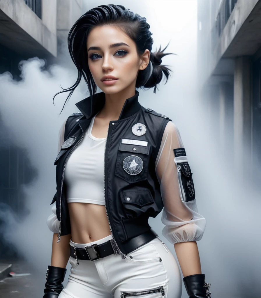 (nsfw), masterpiece, Best Quality, Realistic, Create an image of a young woman embodying futuristic fashion art. The scene should have the highest quality and realism, featuring an Instagram model named April. She should be shown in a full-body, wide-angle shot, standing confidently with a full body in the frame. She has an ultra-slim waist, medium firm breasts, a medium-sized buttocks, and beautiful sexy legs, showcasing sculptural beauty. Her skin is white and silky, with a thin neck and small head.
April is dressed in a striking white and black military print bodysuit paired with a sleek black leather belt with a futuristic metallic buckle and low-rise black leather shorts with zipper accents. She wears a sheer black mesh bomber jacket adorned with white and black military patches, and chunky black combat boots with silver hardware. Her look is fierce and bold, complemented by black fingerless gloves with white LED lights and high-tech accessories. She also sports a white and black camouflage print bucket hat and oversized black sunglasses with reflective lenses, adding an edgy attitude.
Her outfit is completed with a white and black military print backpack with multiple compartments, merging functionality with style. Her hair is styled in a sleek high ponytail with black and white ribbon accents, reflecting a futuristic hairstyle. April walks with a confident stride, exuding a hint of rebellion, embodying the essence of future street-chic fashion. She stands in a setting of concrete, fog, and mist, surrounded by realistic black shadows. Her face is detailed, cute, and slim, with a happy expression, duck mouth, perfect teeth, gray hair, and shiny blue eyes, looking directly at the viewer.