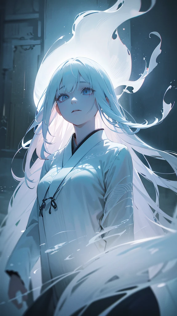 a beautiful ghostly girl with long white hair and black eyes, wearing a white dress, with an eerie supernatural aura, floating in a traditional Japanese room, (best quality,4k,8k,highres,masterpiece:1.2),ultra-detailed,(realistic,photorealistic,photo-realistic:1.37),extremely detailed eyes and face,longeyelashes,delicate facial features,porcelain skin,ghostly transparent floating body,ethereal,surreal,dark moody lighting,dramatic shadows,cinematic composition,muted color palette