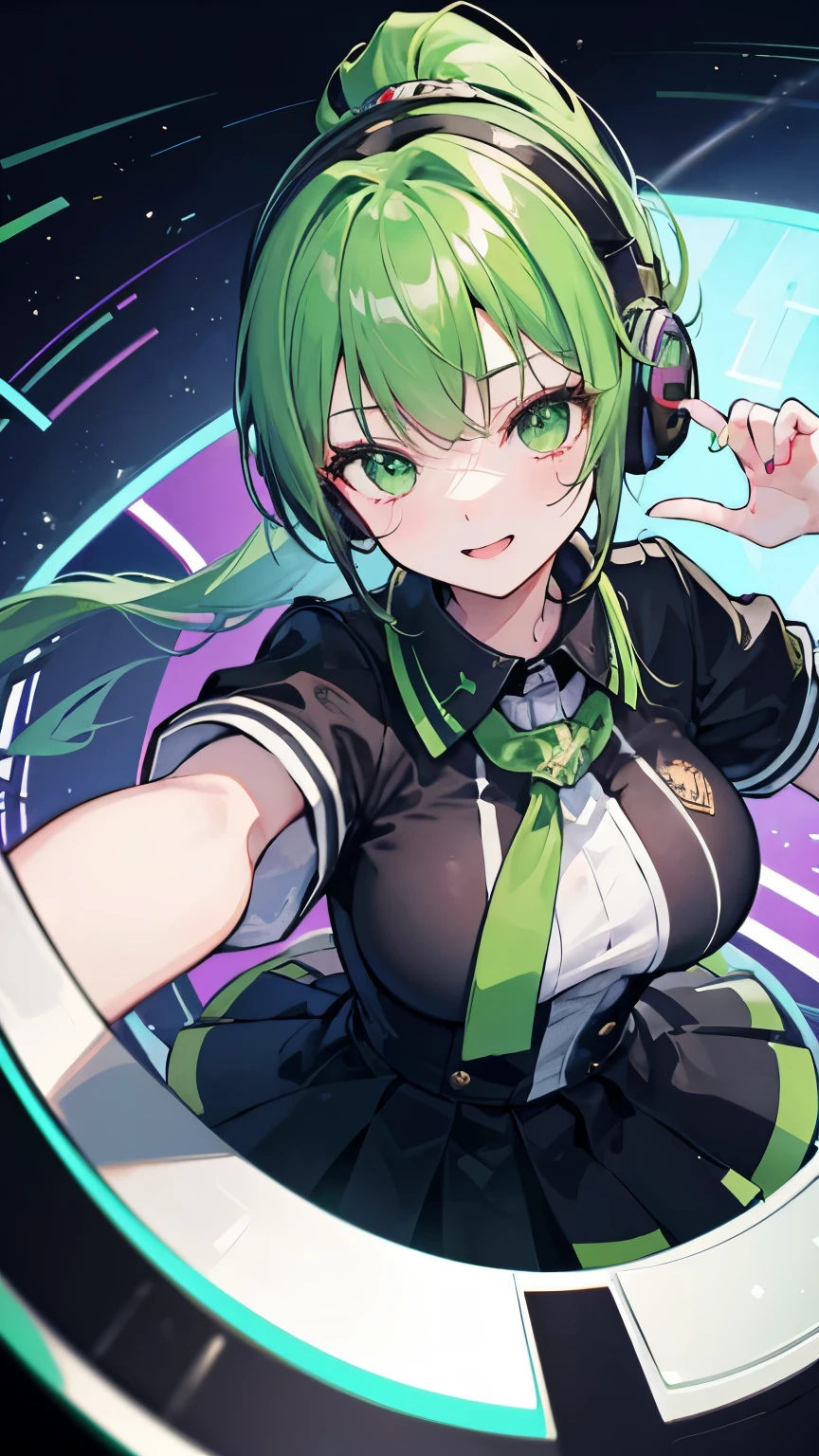 DJ,ponytail,1 person,club house,Turntable,Mirror ball,smile,headphone,high school girl,Green Hair,No sleeve,Black Pantyhose,front,Near future,highest quality,High resolution,Close-up,Droopy eyes,Green Eyes,uniform,Straight bangs,Black and green outfit,Dynamic pose,Big Breasts,Open your mouth a little,Near future