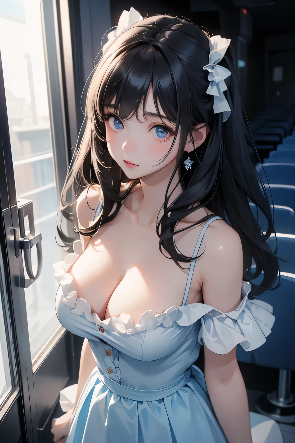 １０Teenager Black Hair Girl、White camisole、Pale blue frilly mini skirt、high resolution、Beautiful face in every detail、Looking from above、Inside the movie theater、Beautiful cleavage、Look at me with a sweet face、high quality、Arms clasped over chest、High resolution、Breasts sticking out of clothes