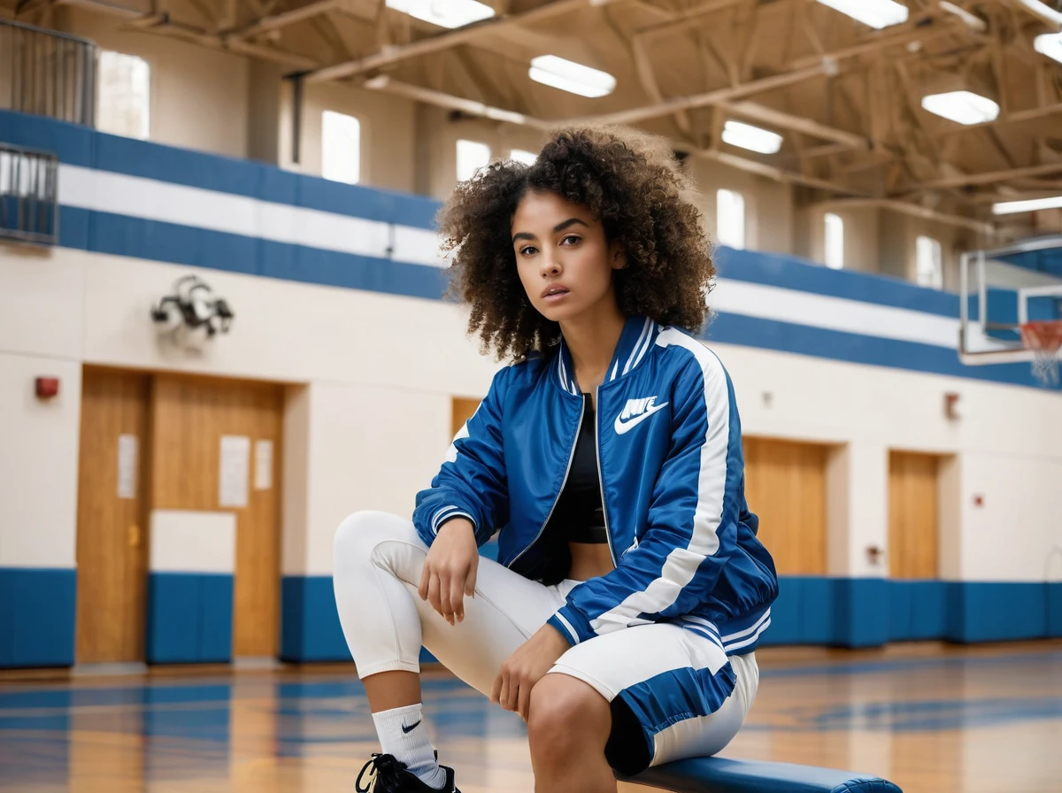 A captivating cinematic photograph of a young woman exuding confidence and athleticism, as she sits gracefully in a spacious gymnasium. Her voluminous curly hair cascades down her shoulders, framing her face in natural, effortless waves. She wears a retro blue and white sports jacket with the word "DOPE" emblazoned across the front, black shorts, and NIKE basketball shoes, the lightweight jacket evoking the spirit of the 1970s. Relaxed and poised, she sits with her legs wide open and leans slightly forward, her posture a testament to her strength and agility. The gymnasium is bathed in natural light from large windows, creating a bright and airy ambiance. The background features soft, blurred elements of gym equipment and high ceilings typical of an indoor sports facility. The unique, low, cinematic