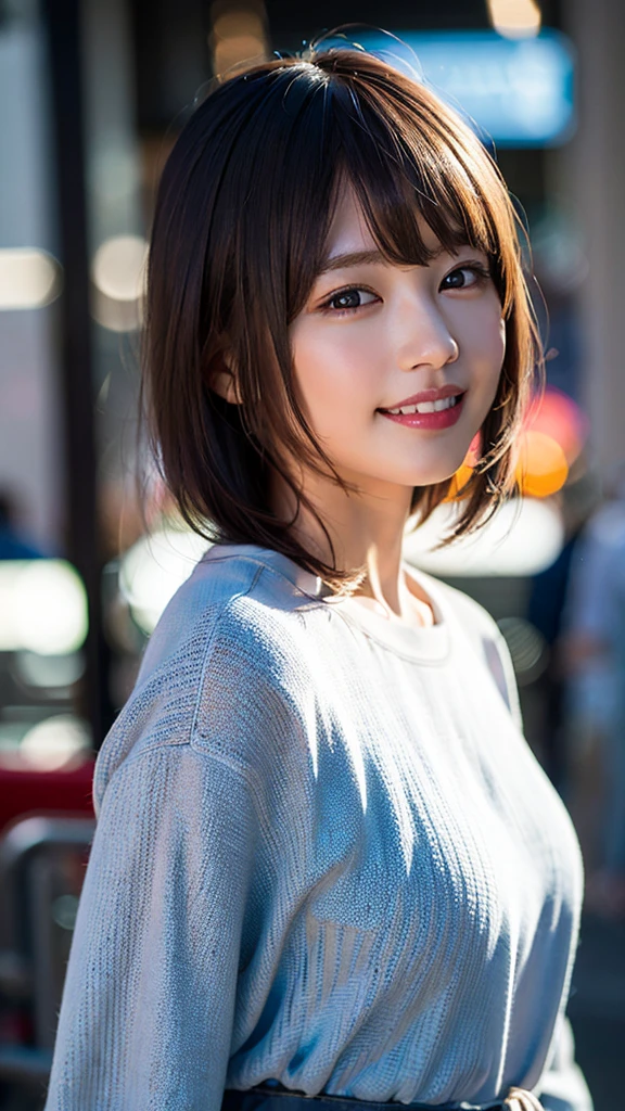 (8k, RAW Photos, highest quality, masterpiece:1.2), (Realistic, photo-Realistic:1.37), Super detailed, Ultra-high resolution,1 girl,View Viewer,Beautifully detailed face,smile,narrow,(Slim waist:1.3),shirt, Beautifully detailed skin, Skin Texture, Floating Hair,Professional Lighting,