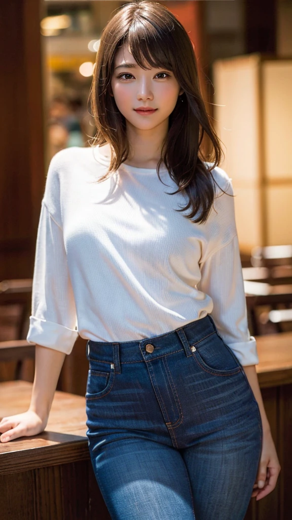 (8k, RAW Photos, highest quality, masterpiece:1.2), (Realistic, photo-Realistic:1.37), Super detailed, Ultra-high resolution,1 girl,View Viewer,Beautifully detailed face,smile,narrow,(Slim waist:1.3),shirt, Beautifully detailed skin, Skin Texture, Floating Hair,Professional Lighting,