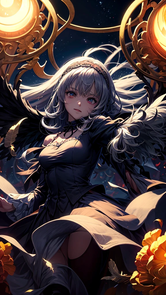 Moonlit Night、(((Soaring from the sky)))、Mercury lamp、Black feathers flutter down、ローゼンメイデンMercury lamp、masterpiece:1.2), highest quality, High resolution, ユニティ8kwallpaper, (figure:0.8), (Detailed and beautiful eyes:1.6), Highly detailed face, Perfect lighting, Extremely detailed CG, (Perfect hands, Perfect ???????), P, Anime Girls, best anime 4k, wallpaper, Detailed digital anime art, Detailed anime artワーク, アニメアートwallpaper 4k, アニメアートwallpaper 4k, Detailed anime art, アニメwallpaper 4k, アニメwallpaper 4k, アニメアートwallpaper 8K, 4k アニメwallpaper, 8k high quality detailed art、