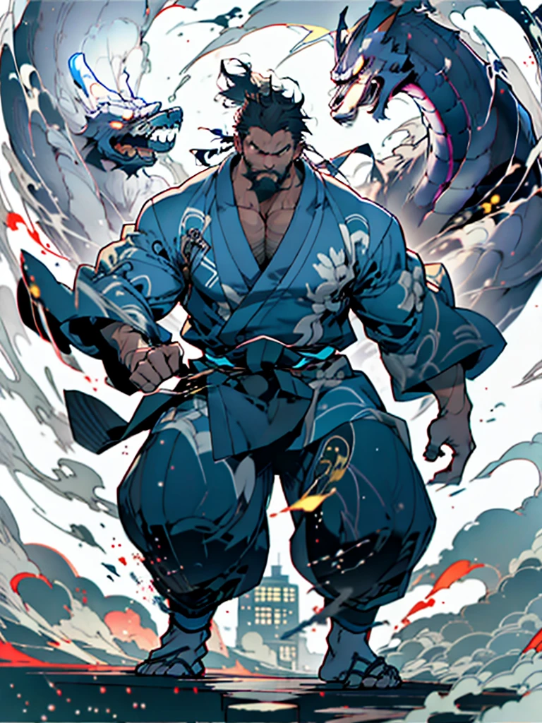 Mature man, best quality, japanese worker, dark blue Japanese bathrobe, energetic, white socks, bad, masterpiece, super high resolution, detailed background, reality, illustration, single, 1 boy, muscle man, beard, street at night, street vendor, muscle, facial hair, volumetric lighting, depth of field, wheezing, raised crotch, handsome action, big dynamic